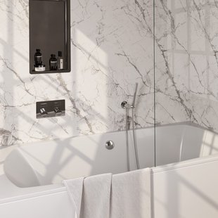 Brauer Stripe thermostatische inbouw badkraan met drukknoppen SET 03 met badvulcombinatie en staaf handdouche en doucheslang en wandaansluitbocht chroom