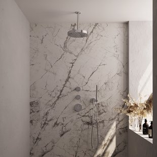 Brauer Stripe thermostatische inbouw regendouche SET 03 met 25 cm douchekop en plafondarm en staaf handdouche en doucheslang en wandaansluitbocht chroom