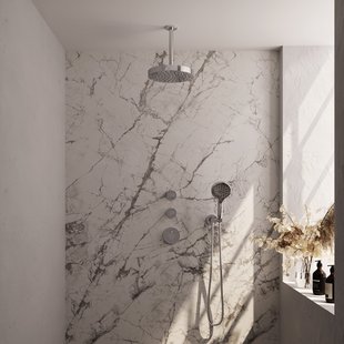 Brauer Stripe thermostatische inbouw regendouche SET 06 met 25 cm douchekop en plafondarm en 3-standen handdouche en doucheslang en wandaansluitbocht chroom