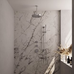 Brauer Stripe thermostatische inbouw regendouche SET 09 met 25 cm douchekop en plafondarm en staaf handdouche en doucheslang en geintegreerde glijstang chroom