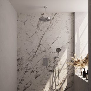 Brauer Stripe thermostatische inbouw regendouche 3-weg rechthoekig SET 18 met 25 cm douchekop en plafondarm en 3-standen handdouche en doucheslang en wandaansluitbocht chroom