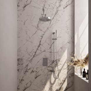 Brauer Stripe thermostatische inbouw regendouche 3-weg rechthoekig SET 19 met 25 cm douchekop en rechte muurarm en staaf handdouche en doucheslang en geintegreerde glijstang chroom