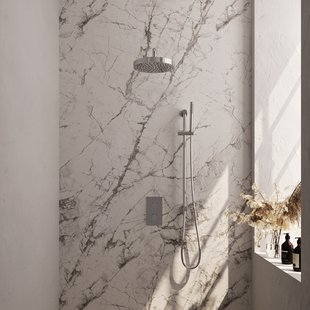 Brauer Stripe thermostatische inbouw regendouche 3-weg rechthoekig SET 20 met 25 cm douchekop en gebogen muurarm en staaf handdouche en doucheslang en geintegreerde glijstang chroom