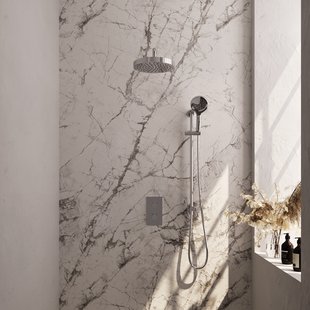 Brauer Stripe thermostatische inbouw regendouche 3-weg rechthoekig SET 23 met 25 cm douchekop en gebogen muurarm en 3-standen handdouche en doucheslang en geintegreerde glijstang chroom