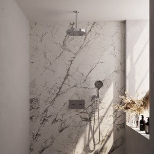 Brauer Stripe thermostatische inbouw regendouche met drukknoppen SET 30 met 25 cm douchekop en plafondarm en 3-standen handdouche en doucheslang en wandaansluitbocht chroom