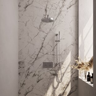 Brauer Stripe thermostatische inbouw regendouche met drukknoppen SET 31 met 25 cm douchekop en rechte muurarm en staaf handdouche en doucheslang en geintegreerde glijstang chroom