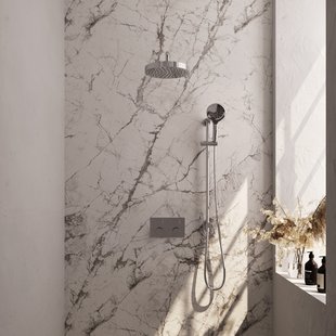 Brauer Stripe thermostatische inbouw regendouche met drukknoppen SET 35 met 25 cm douchekop en gebogen muurarm en 3-standen handdouche en doucheslang en geintegreerde glijstang chroom