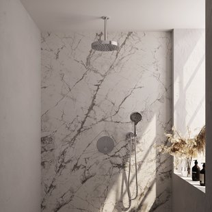 Brauer Stripe thermostatische inbouw regendouche 3-weg rond SET 42 met 25 cm douchekop en plafondarm en 3-standen handdouche en doucheslang en wandaansluitbocht chroom