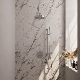 Brauer Stripe thermostatische inbouw regendouche 3-weg rond SET 43 met 25 cm douchekop en rechte muurarm en staaf handdouche en doucheslang en geintegreerde glijstang chroom