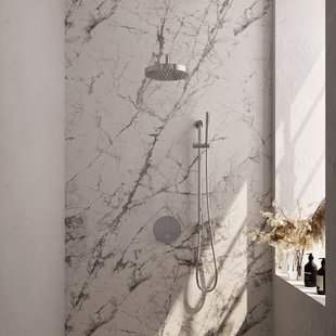 Brauer Stripe thermostatische inbouw regendouche 3-weg rond SET 44 met 25 cm douchekop en gebogen muurarm en staaf handdouche en doucheslang en geintegreerde glijstang chroom