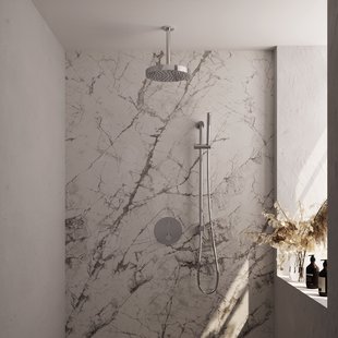 Brauer Stripe thermostatische inbouw regendouche 3-weg rond SET 45 met 25 cm douchekop en plafondarm en staaf handdouche en doucheslang en geintegreerde glijstang chroom