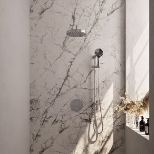 Brauer Stripe thermostatische inbouw regendouche 3-weg rond SET 47 met 25 cm douchekop en gebogen muurarm en 3-standen handdouche en doucheslang en geintegreerde glijstang chroom