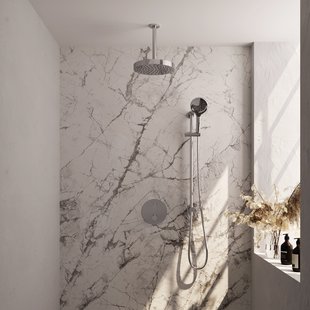 Brauer Stripe thermostatische inbouw regendouche 3-weg rond SET 48 met 25 cm douchekop en plafondarm en 3-standen handdouche en doucheslang en geintegreerde glijstang chroom