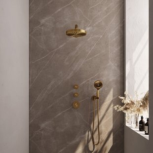 Brauer Stripe thermostatische inbouw regendouche SET 04 met 25 cm douchekop en rechte muurarm en 3-standen handdouche en doucheslang en wandaansluitbocht goud geborsteld PVD