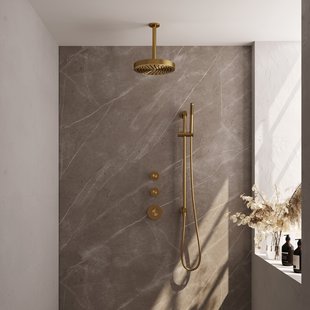 Brauer Stripe thermostatische inbouw regendouche SET 09 met 25 cm douchekop en plafondarm en staaf handdouche en doucheslang en geintegreerde glijstang goud geborsteld PVD