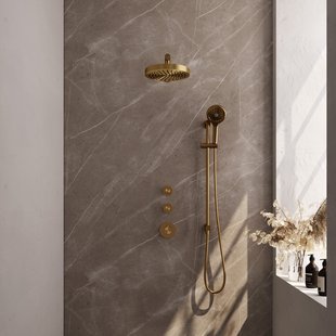 Brauer Stripe thermostatische inbouw regendouche SET 10 met 25 cm douchekop en rechte muurarm en 3-standen handdouche en doucheslang en geintegreerde glijstang goud geborsteld PVD