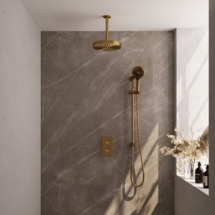 Brauer Stripe thermostatische inbouw regendouche 3-weg rechthoekig SET 24 met 25 cm douchekop en plafondarm en 3-standen handdouche en doucheslang en geintegreerde glijstang goud geborsteld PVD