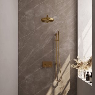 Brauer Stripe thermostatische inbouw regendouche met drukknoppen SET 31 met 25 cm douchekop en rechte muurarm en staaf handdouche en doucheslang en geintegreerde glijstang goud geborsteld PVD