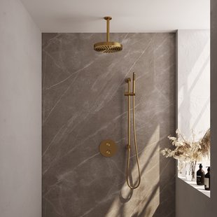 Brauer Stripe thermostatische inbouw regendouche 3-weg rond SET 45 met 25 cm douchekop en plafondarm en staaf handdouche en doucheslang en geintegreerde glijstang goud geborsteld PVD