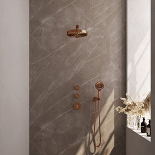 Brauer Stripe thermostatische inbouw regendouche SET 04 met 25 cm douchekop en rechte muurarm en 3-standen handdouche en doucheslang en wandaansluitbocht koper geborsteld PVD