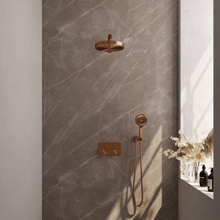 Brauer Stripe thermostatische inbouw regendouche met drukknoppen SET 28 met 25 cm douchekop en rechte muurarm en 3-standen handdouche en doucheslang en wandaansluitbocht koper geborsteld PVD