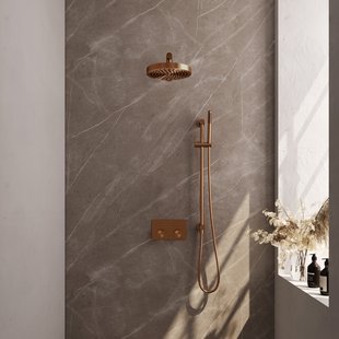 Brauer Stripe thermostatische inbouw regendouche met drukknoppen SET 31 met 25 cm douchekop en rechte muurarm en staaf handdouche en doucheslang en geintegreerde glijstang koper geborsteld PVD