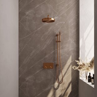 Brauer Stripe thermostatische inbouw regendouche met drukknoppen SET 32 met 25 cm douchekop en gebogen muurarm en staaf handdouche en doucheslang en geintegreerde glijstang koper geborsteld PVD