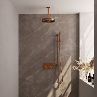 Brauer Stripe thermostatische inbouw regendouche met drukknoppen SET 33 met 25 cm douchekop en plafondarm en staaf handdouche en doucheslang en geintegreerde glijstang koper geborsteld PVD