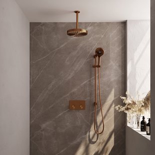 Brauer Stripe thermostatische inbouw regendouche met drukknoppen SET 36 met 25 cm douchekop en plafondarm en 3-standen handdouche en doucheslang en geintegreerde glijstang koper geborsteld PVD