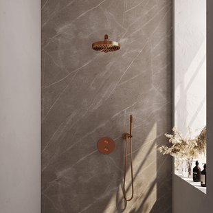 Brauer Stripe thermostatische inbouw regendouche 3-weg rond SET 37 met 25 cm douchekop en rechte muurarm en staaf handdouche en doucheslang en wandaansluitbocht koper geborsteld PVD