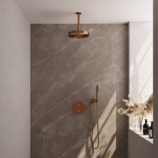 Brauer Stripe thermostatische inbouw regendouche 3-weg rond SET 39 met 25 cm douchekop en plafondarm en staaf handdouche en doucheslang en wandaansluitbocht koper geborsteld PVD