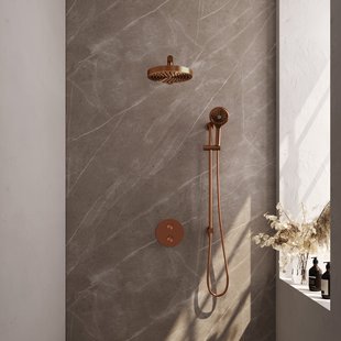 Brauer Stripe thermostatische inbouw regendouche 3-weg rond SET 46 met 25 cm douchekop en rechte muurarm en 3-standen handdouche en doucheslang en geintegreerde glijstang koper geborsteld PVD