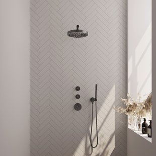 Brauer Stripe thermostatische inbouw regendouche SET 01 met 25 cm douchekop en rechte muurarm en staaf handdouche en doucheslang en wandaansluitbocht gunmetal geborsteld PVD