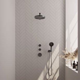Brauer Stripe thermostatische inbouw regendouche SET 04 met 25 cm douchekop en rechte muurarm en 3-standen handdouche en doucheslang en wandaansluitbocht gunmetal geborsteld PVD