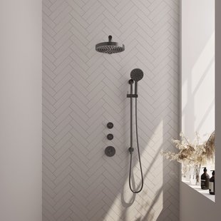 Brauer Stripe thermostatische inbouw regendouche SET 10 met 25 cm douchekop en rechte muurarm en 3-standen handdouche en doucheslang en geintegreerde glijstang gunmetal geborsteld PVD