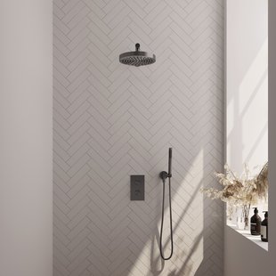 Brauer Stripe thermostatische inbouw regendouche 3-weg rechthoekig SET 13 met 25 cm douchekop en rechte muurarm en staaf handdouche en doucheslang en wandaansluitbocht gunmetal geborsteld PVD