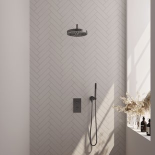Brauer Stripe thermostatische inbouw regendouche 3-weg rechthoekig SET 14 met 25 cm douchekop en gebogen muurarm en staaf handdouche en doucheslang en wandaansluitbocht gunmetal geborsteld PVD