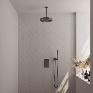 Brauer Stripe thermostatische inbouw regendouche 3-weg rechthoekig SET 15 met 25 cm douchekop en plafondarm en staaf handdouche en doucheslang en wandaansluitbocht gunmetal geborsteld PVD