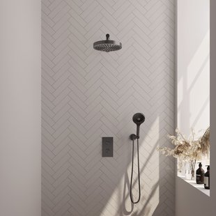 Brauer Stripe thermostatische inbouw regendouche 3-weg rechthoekig SET 16 met 25 cm douchekop en rechte muurarm en 3-standen handdouche en doucheslang en wandaansluitbocht gunmetal geborsteld PVD
