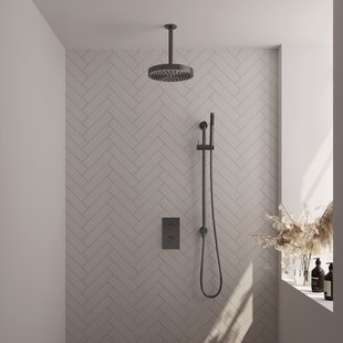 Brauer Stripe thermostatische inbouw regendouche 3-weg rechthoekig SET 21 met 25 cm douchekop en plafondarm en staaf handdouche en doucheslang en geintegreerde glijstang gunmetal geborsteld PVD