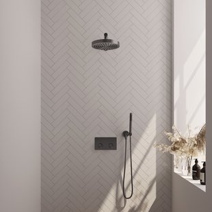 Brauer Stripe thermostatische inbouw regendouche met drukknoppen SET 25 met 25 cm douchekop en rechte muurarm en staaf handdouche en doucheslang en wandaansluitbocht gunmetal geborsteld PVD