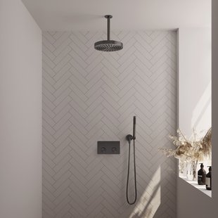 Brauer Stripe thermostatische inbouw regendouche met drukknoppen SET 27 met 25 cm douchekop en plafondarm en staaf handdouche en doucheslang en wandaansluitbocht gunmetal geborsteld PVD