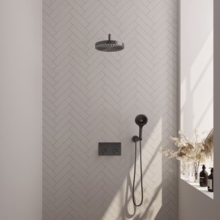 Brauer Stripe thermostatische inbouw regendouche met drukknoppen SET 29 met 25 cm douchekop en gebogen muurarm en 3-standen handdouche en doucheslang en wandaansluitbocht gunmetal geborsteld PVD