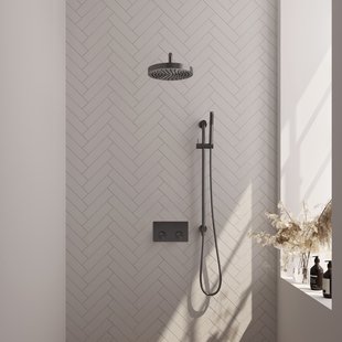 Brauer Stripe thermostatische inbouw regendouche met drukknoppen SET 32 met 25 cm douchekop en gebogen muurarm en staaf handdouche en doucheslang en geintegreerde glijstang gunmetal geborsteld PVD