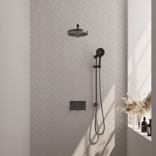 Brauer Stripe thermostatische inbouw regendouche met drukknoppen SET 34 met 25 cm douchekop en rechte muurarm en 3-standen handdouche en doucheslang en geintegreerde glijstang gunmetal geborsteld PVD