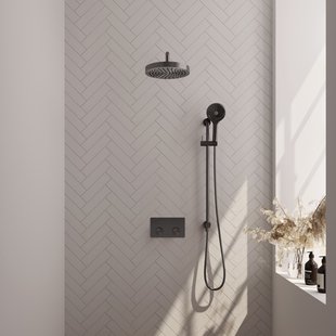Brauer Stripe thermostatische inbouw regendouche met drukknoppen SET 35 met 25 cm douchekop en gebogen muurarm en 3-standen handdouche en doucheslang en geintegreerde glijstang gunmetal geborsteld PVD