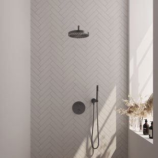 Brauer Stripe thermostatische inbouw regendouche 3-weg rond SET 38 met 25 cm douchekop en gebogen muurarm en staaf handdouche en doucheslang en wandaansluitbocht gunmetal geborsteld PVD