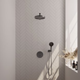 Brauer Stripe thermostatische inbouw regendouche 3-weg rond SET 40 met 25 cm douchekop en rechte muurarm en 3-standen handdouche en doucheslang en wandaansluitbocht gunmetal geborsteld PVD