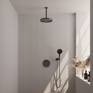 Brauer Stripe thermostatische inbouw regendouche 3-weg rond SET 42 met 25 cm douchekop en plafondarm en 3-standen handdouche en doucheslang en wandaansluitbocht gunmetal geborsteld PVD