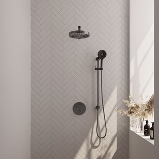 Brauer Stripe thermostatische inbouw regendouche 3-weg rond SET 46 met 25 cm douchekop en rechte muurarm en 3-standen handdouche en doucheslang en geintegreerde glijstang gunmetal geborsteld PVD